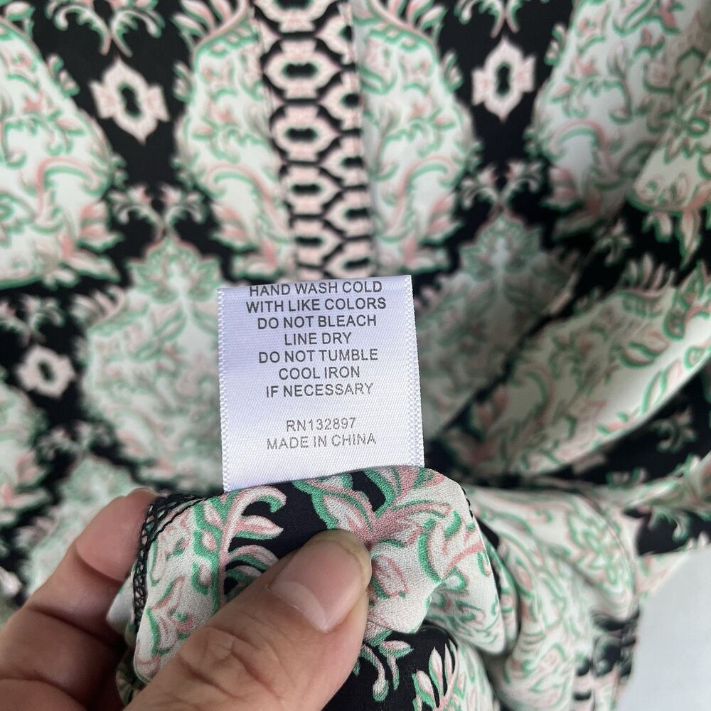 Rose + Olive Blouse 3x Black Green Floral Split Neck Boho Peasant Popover Top - Picture 9 of 15